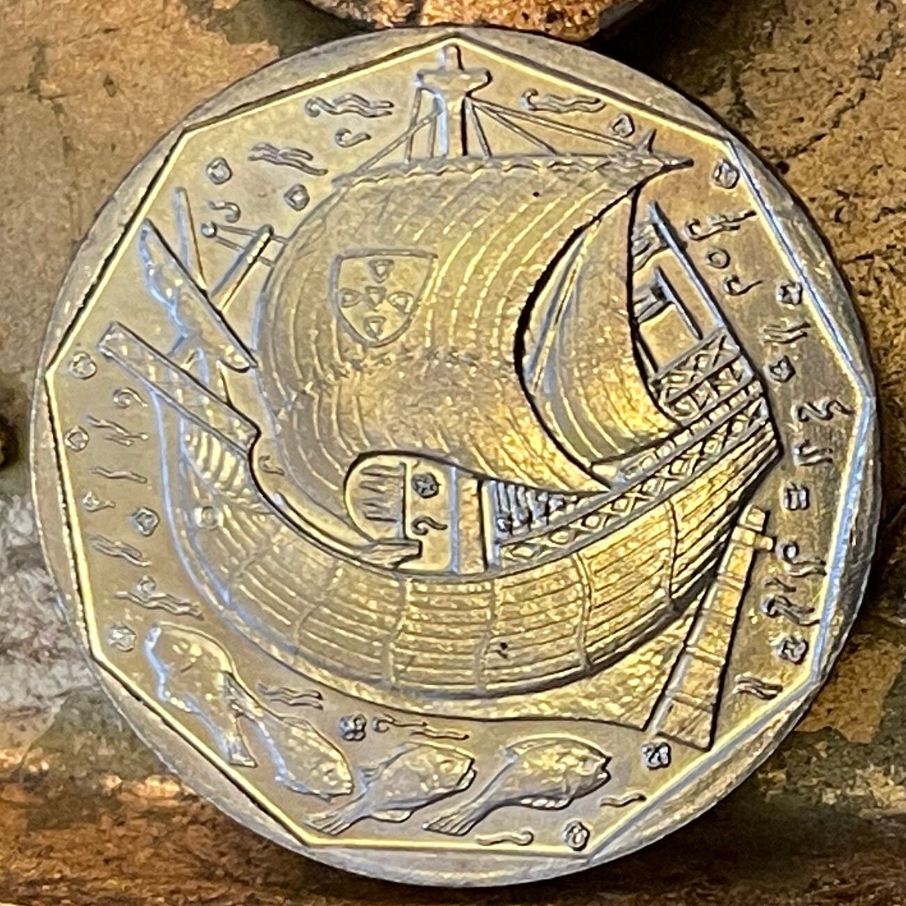 Caravel Ship & Cod Fish 50 Escudos Portugal Authentic Coin Money for Jewelry and Craft Making (Fishing Boat)
