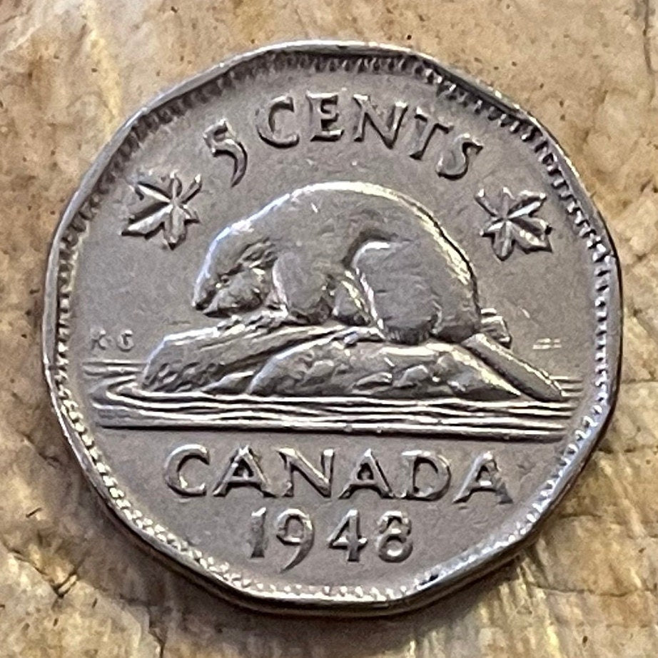 Beaver & King George VI Canada 5 Cents Authentic Coin Money for Jewelry and Craft Making (Condition: Very Fine)