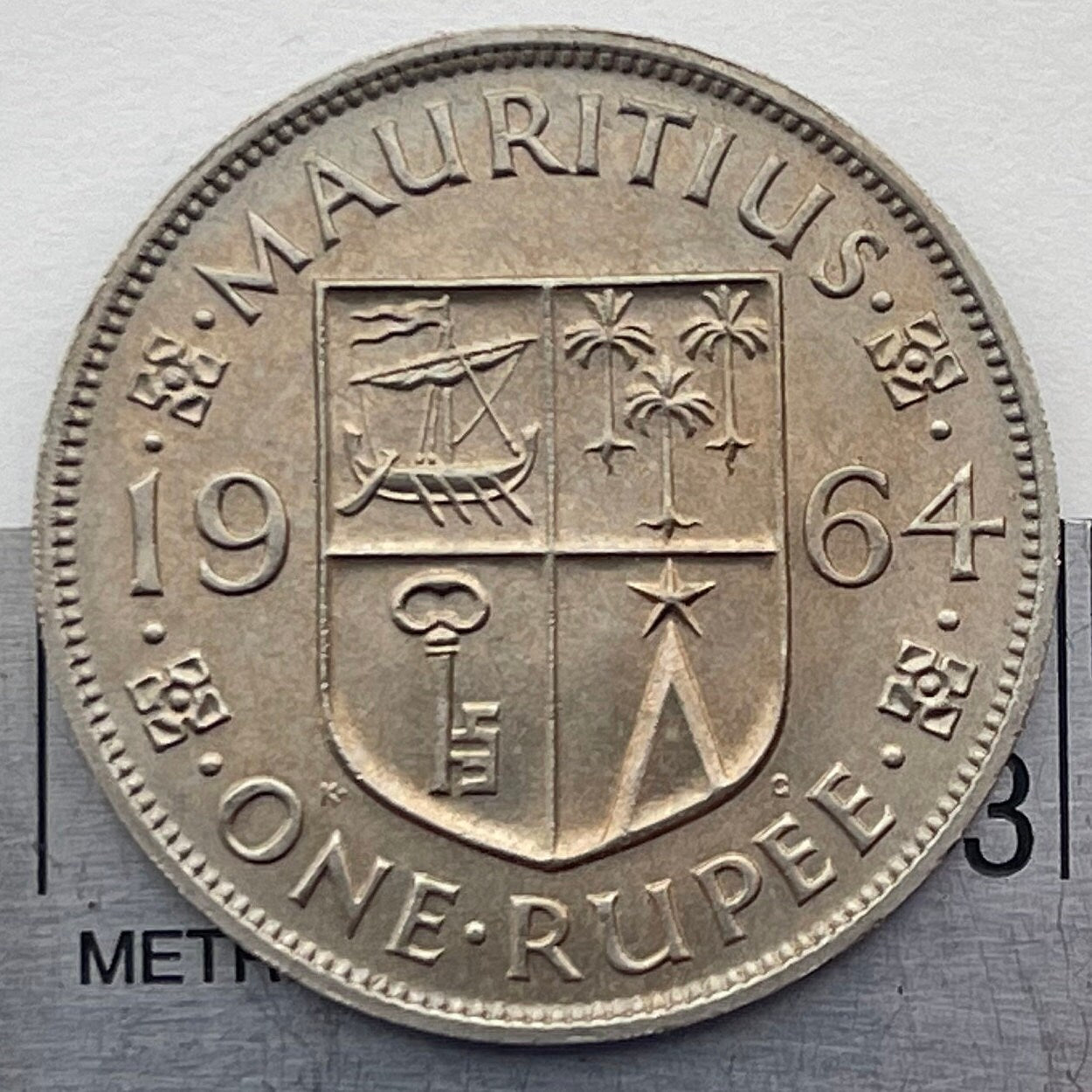 Galley, Palms, Key, Star 1 Rupee Mauritius Authentic Coin Money for Jewelry and Craft Making (Elizabeth II) (Tudor Crown) 1964