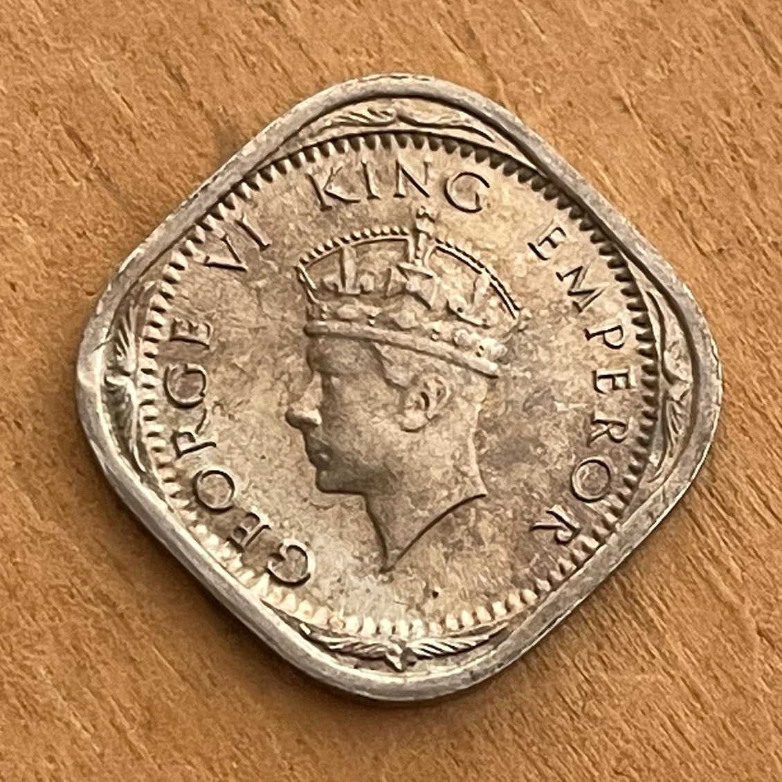 Two Annas & George VI King Emperor British India Authentic Coin Money for Jewelry (British Raj) (Emperor of India) (Quadrilingual) (Square)