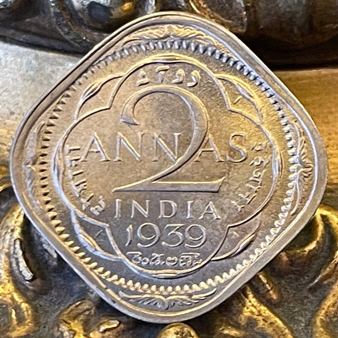 Two Annas & George VI King Emperor British India Authentic Coin Money for Jewelry (British Raj) (Emperor of India) (Quadrilingual) (Square)