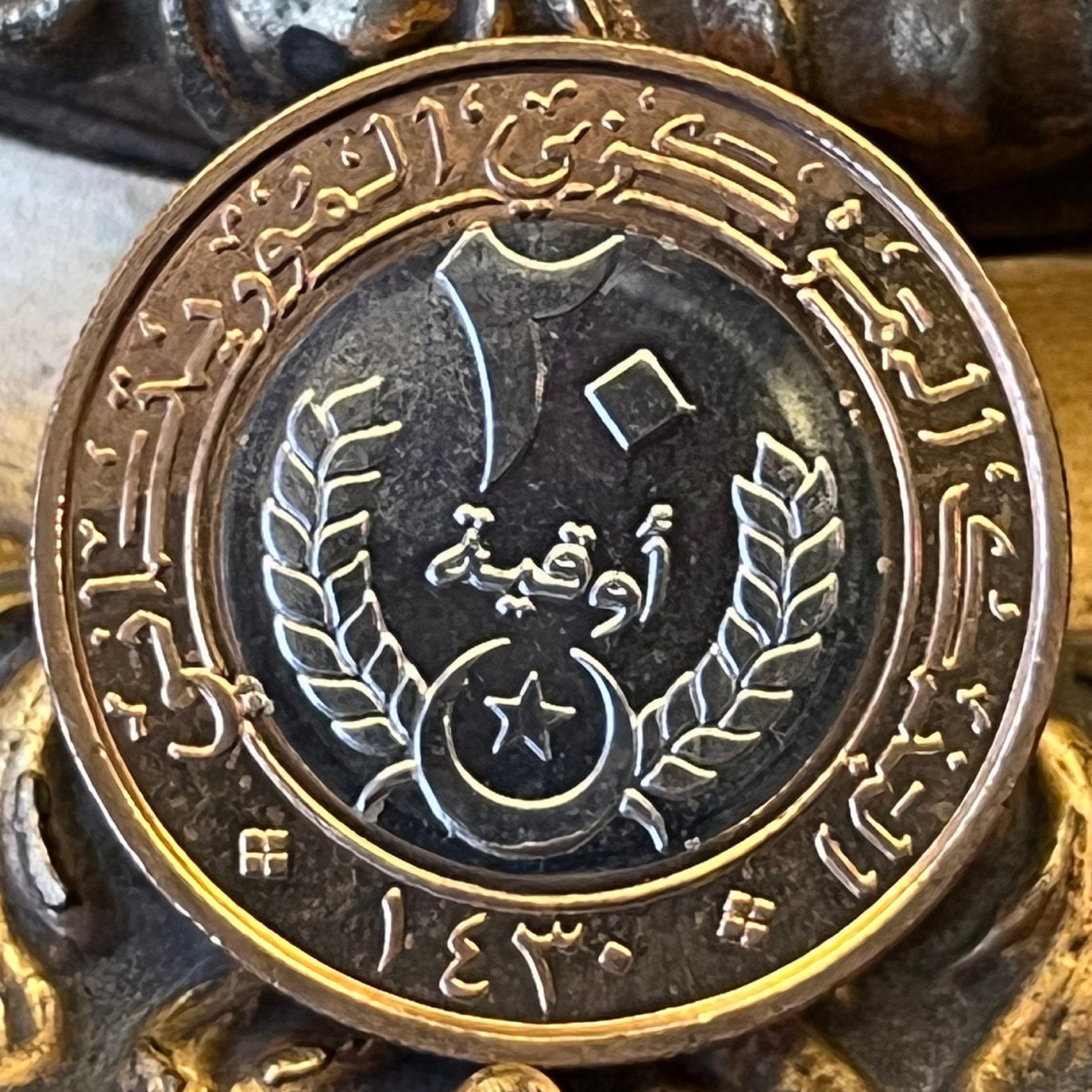 Crescent, Star, Palm Tree, Millet Branch 20 Ouguiya Mauritania Authentic Coin Money for Jewelry and Crafts (Bimetallic) (Islamic Republic)