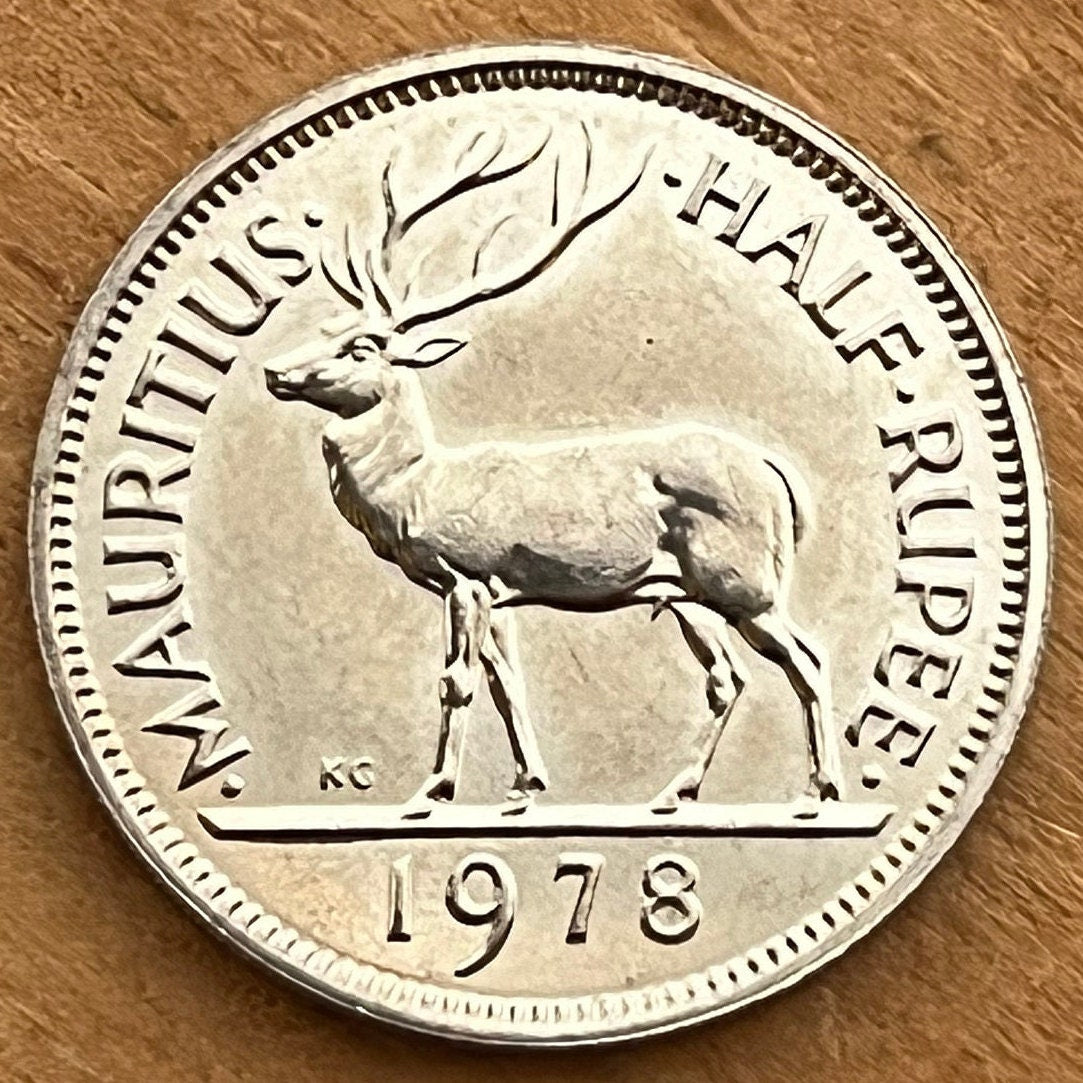 Swamp Deer Half Rupee Mauritius Authentic Coin Money for Jewelry and Craft Making (Barasingha Stag) (Tudor Crown) 1965