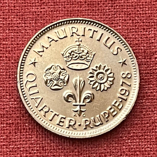 Rose, Lily, Lotus & Crown Quarter Rupee Mauritius Authentic Coin Money for Jewelry and Craft Making (Fleur-de-Lis) (Tudor Rose) (1964)