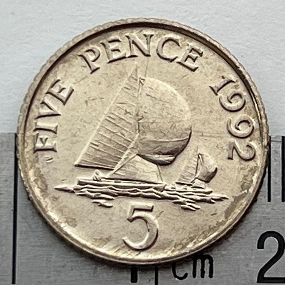 Yachts with Spinnaker Sails 5 Pence Bailiwick of Guernsey Authentic Coin Money for Jewelry and Craft Making (Sailboat) (Channel Islands)