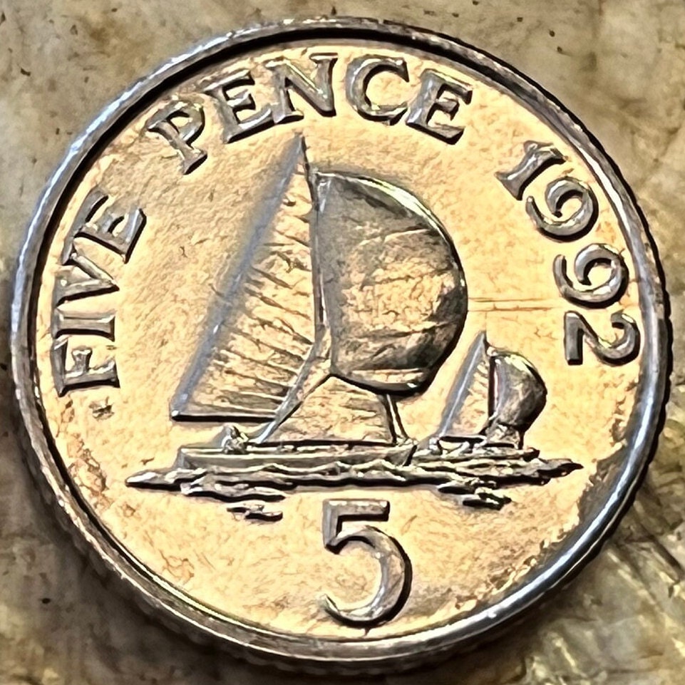 Yachts with Spinnaker Sails 5 Pence Bailiwick of Guernsey Authentic Coin Money for Jewelry and Craft Making (Sailboat) (Channel Islands)