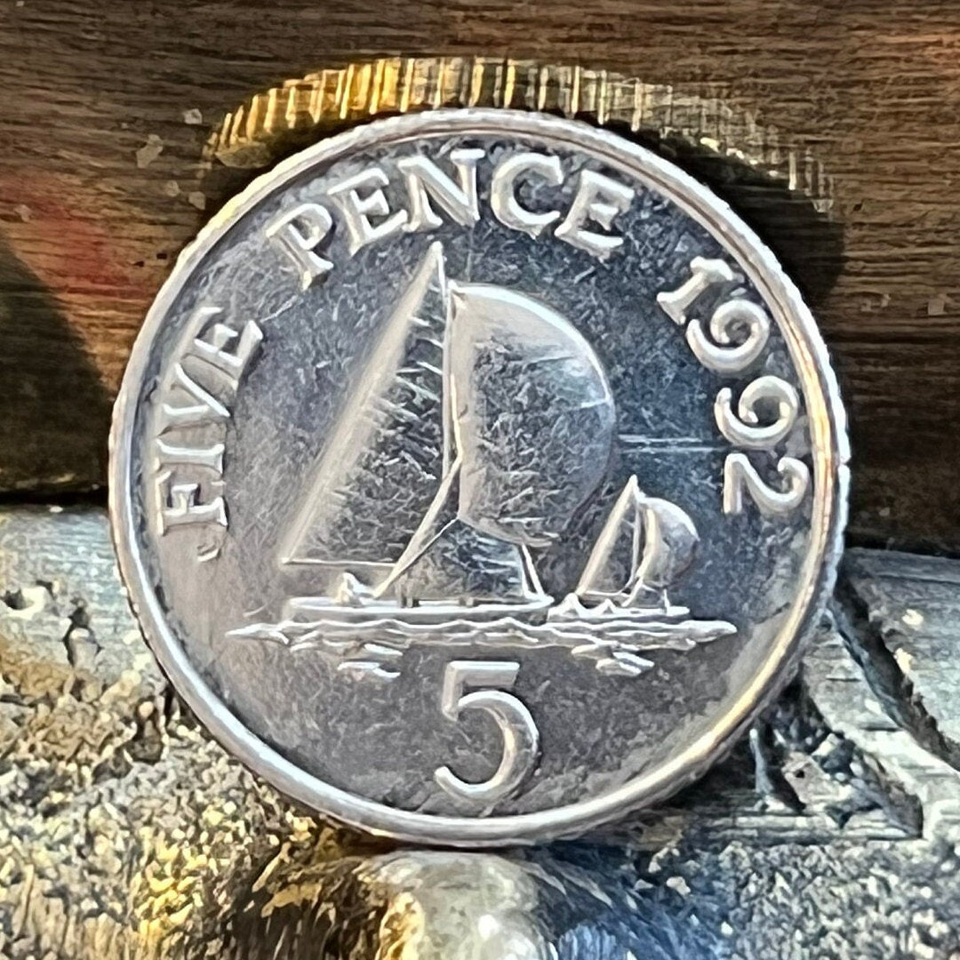 Yachts with Spinnaker Sails 5 Pence Bailiwick of Guernsey Authentic Coin Money for Jewelry and Craft Making (Sailboat) (Channel Islands)