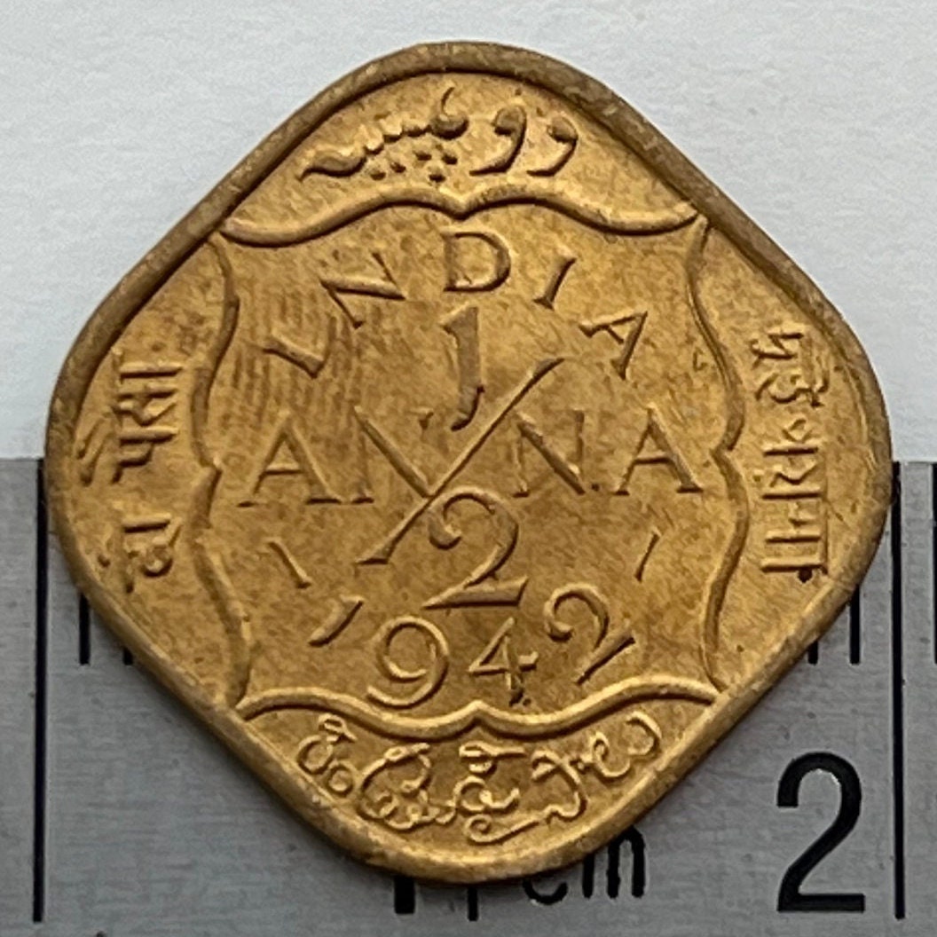 Half Anna & George VI King Emperor British India Authentic Coin Money for Jewelry (British Raj) (Emperor of India) (Quadrilingual) 1942