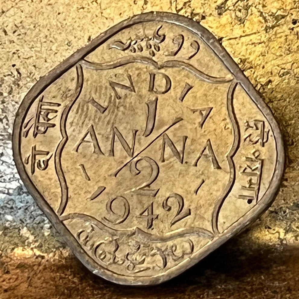 Half Anna & George VI King Emperor British India Authentic Coin Money for Jewelry (British Raj) (Emperor of India) (Quadrilingual) 1942