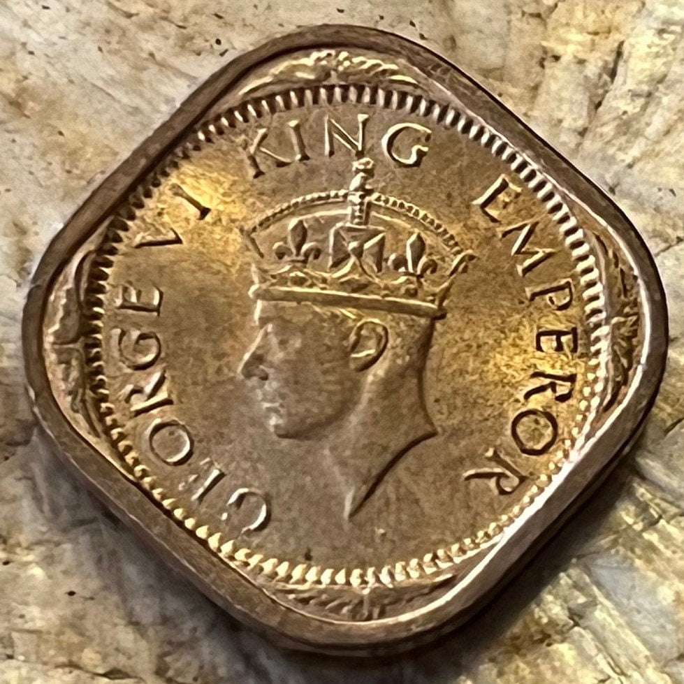 Half Anna & George VI King Emperor British India Authentic Coin Money for Jewelry (British Raj) (Emperor of India) (Quadrilingual) 1942