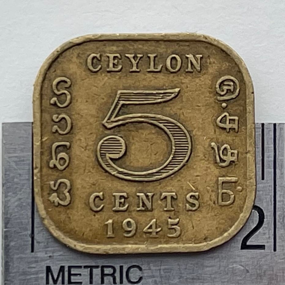King George VI Emperor of India 5 Cents Ceylon Authentic Coin Money for Jewelry and Craft Making (Sri Lanka) (Square Coin)