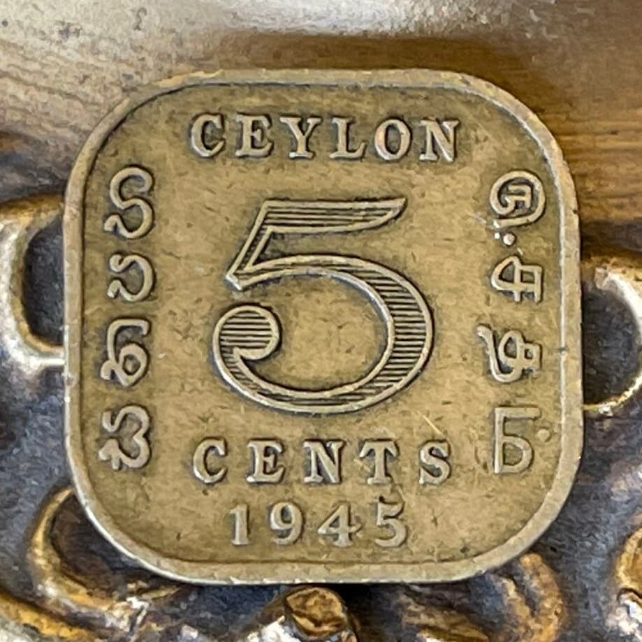 King George VI Emperor of India 5 Cents Ceylon Authentic Coin Money for Jewelry and Craft Making (Sri Lanka) (Square Coin)