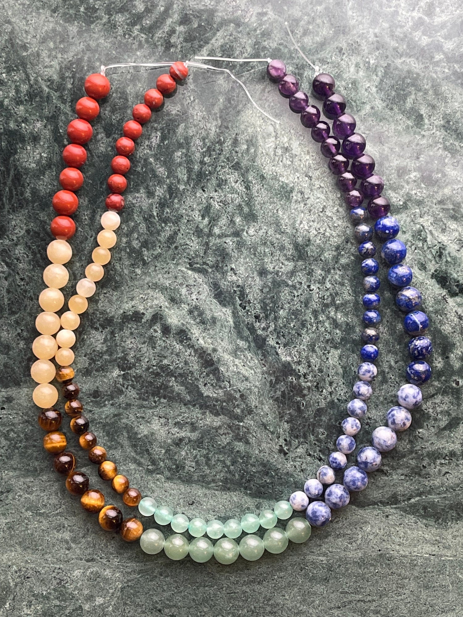 Chakra Bead Sets, Strands; Mala Beads-amethyst,lapis lazuli,sodalite,aventurine,tiger eye,red jasper,carnelian,african turquoise,jade,agate