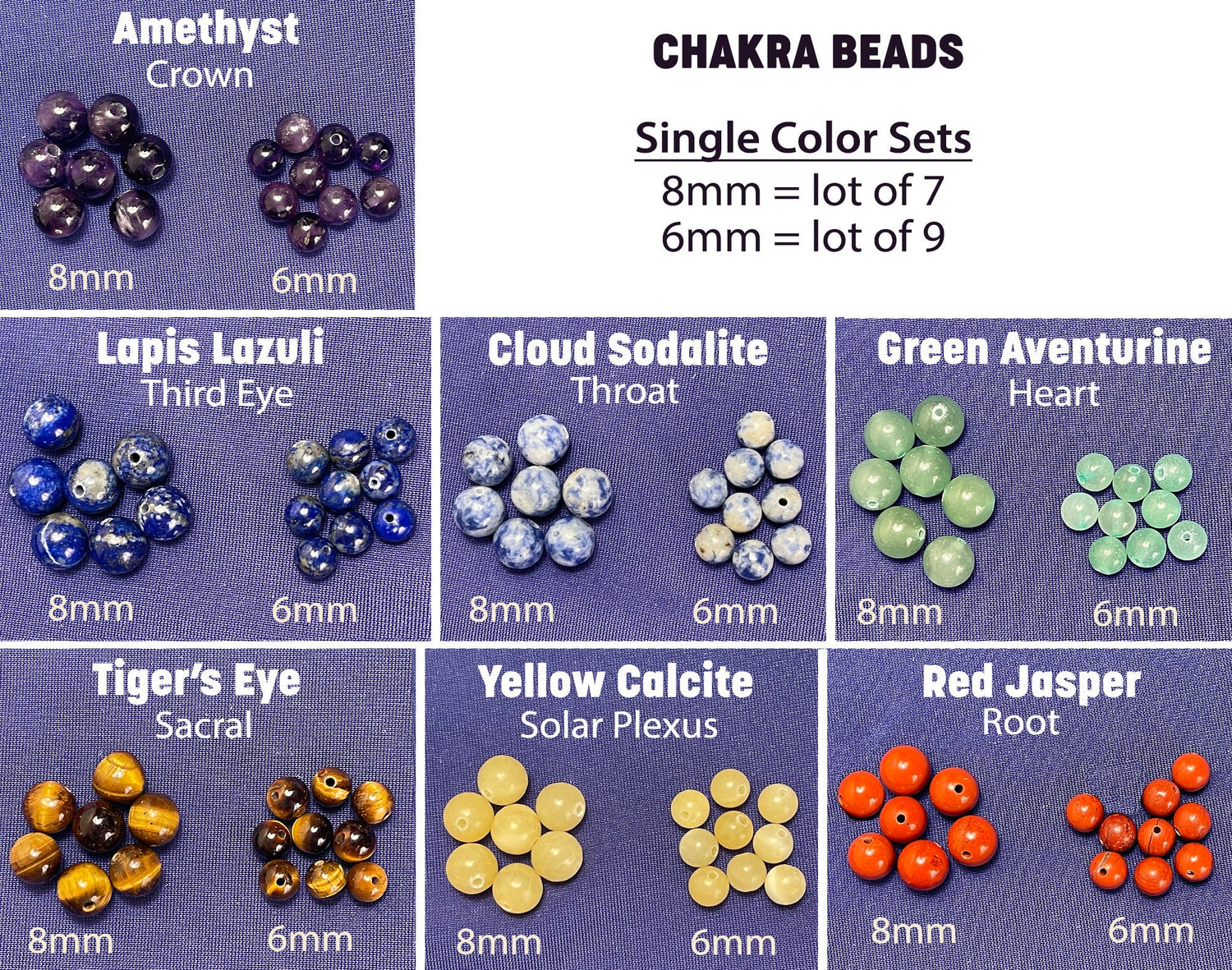 Chakra Bead Sets, Strands; Mala Beads-amethyst,lapis lazuli,sodalite,aventurine,tiger eye,red jasper,carnelian,african turquoise,jade,agate