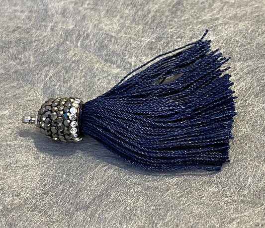 Midnight Blue Silk Tassel with Crystal Pavé Cap - Single Tassel or Earrings - rhinestone accent; jewelry, accessory