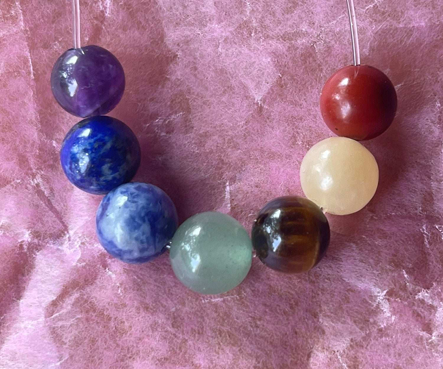 Chakra Bead Sets, Strands; Mala Beads-amethyst,lapis lazuli,sodalite,aventurine,tiger eye,red jasper,carnelian,african turquoise,jade,agate