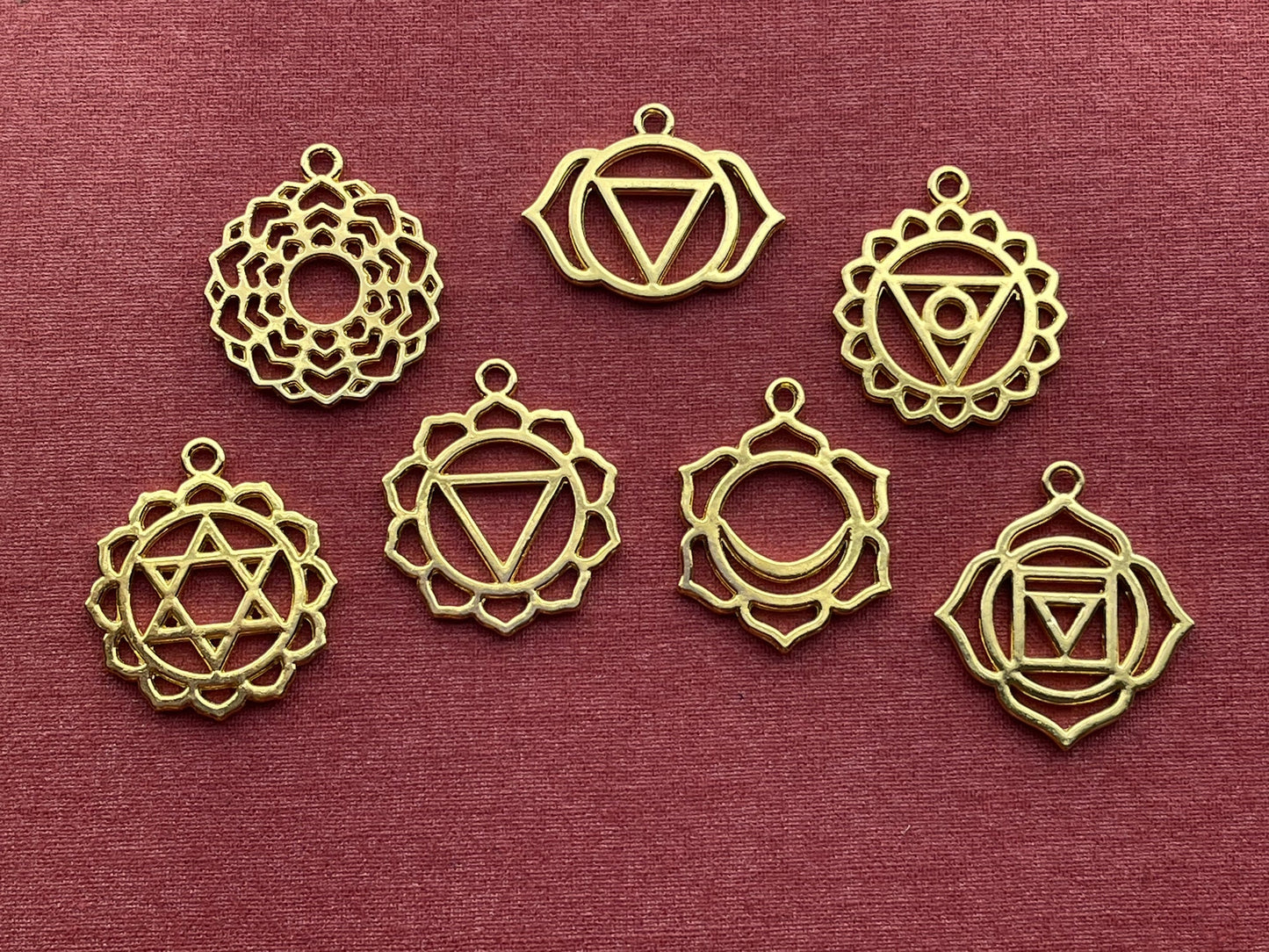 Chakra Charm, Pendant, Set, Ball Chain Necklace – gold-plated, silver-plated – crown, third eye, throat, heart, solar plexus, sacrum, root