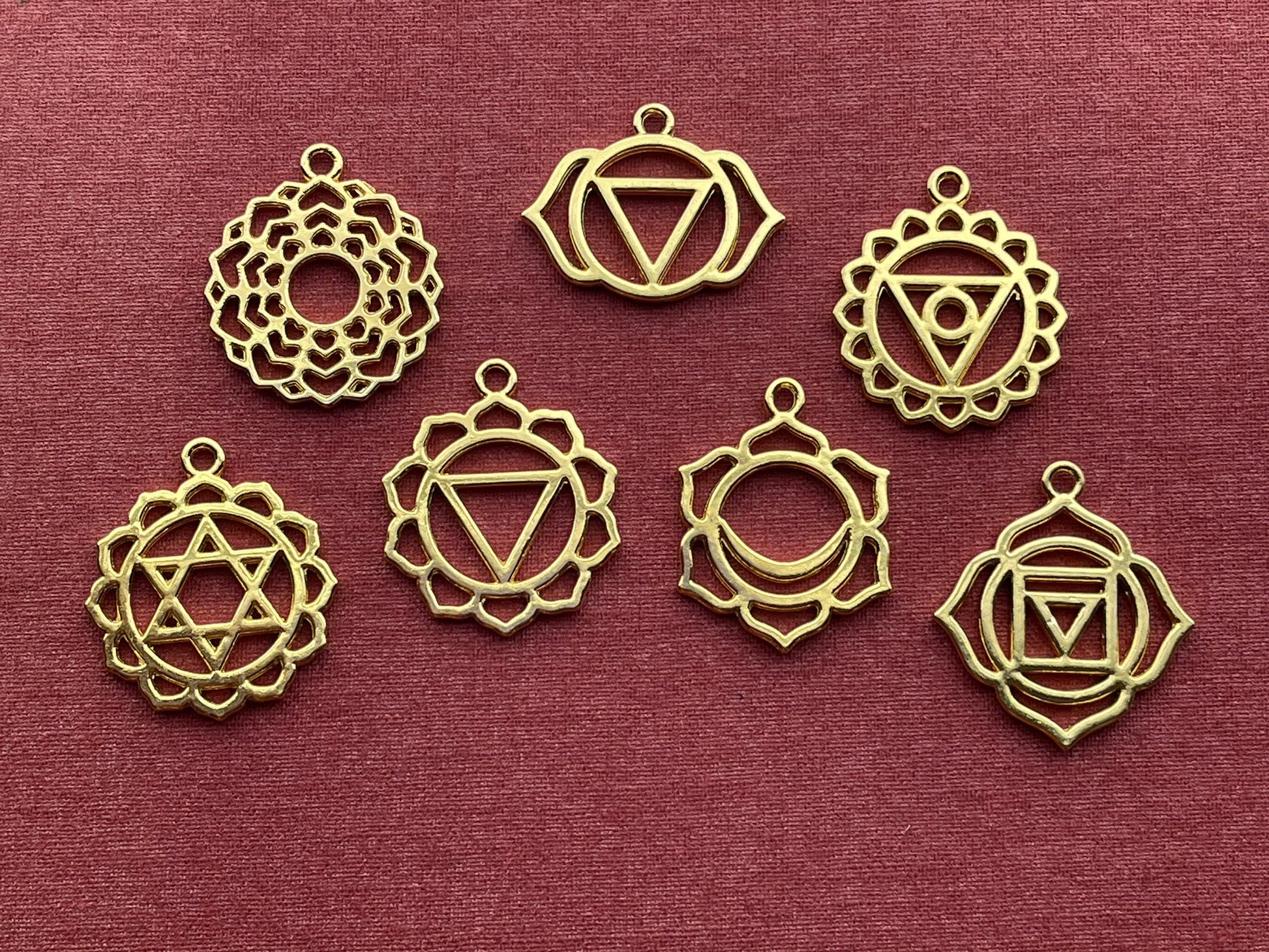 Chakra Charm, Pendant, Set, Ball Chain Necklace – gold-plated, silver-plated – crown, third eye, throat, heart, solar plexus, sacrum, root