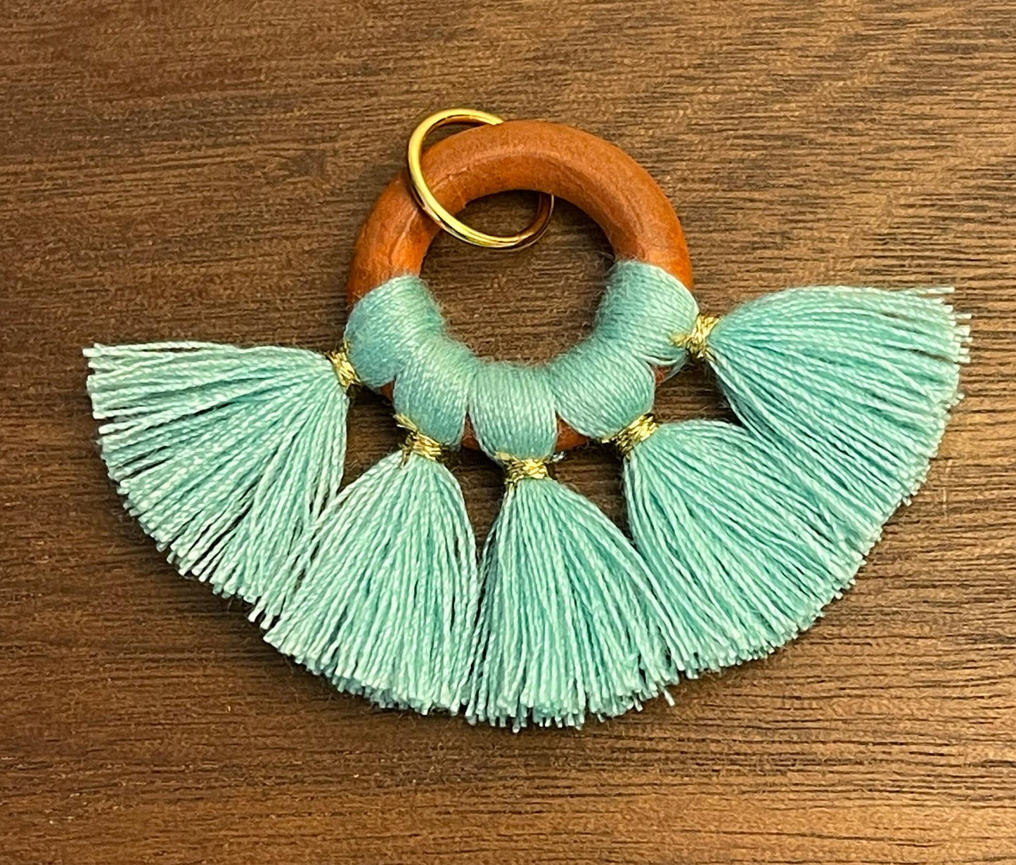 Wood Ring Tassels; with jumpring; earrings- blue, cyan, gold, green, orange, pink, light pink, red, tan, white - cotton blend