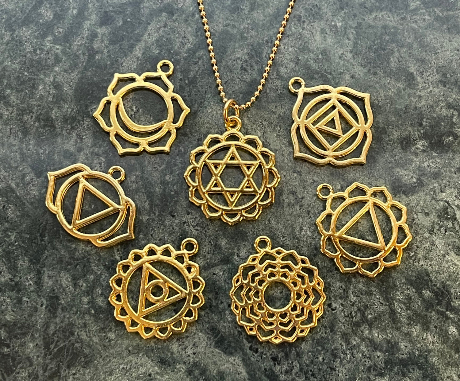 Chakra Charm, Pendant, Set, Ball Chain Necklace – gold-plated, silver-plated – crown, third eye, throat, heart, solar plexus, sacrum, root