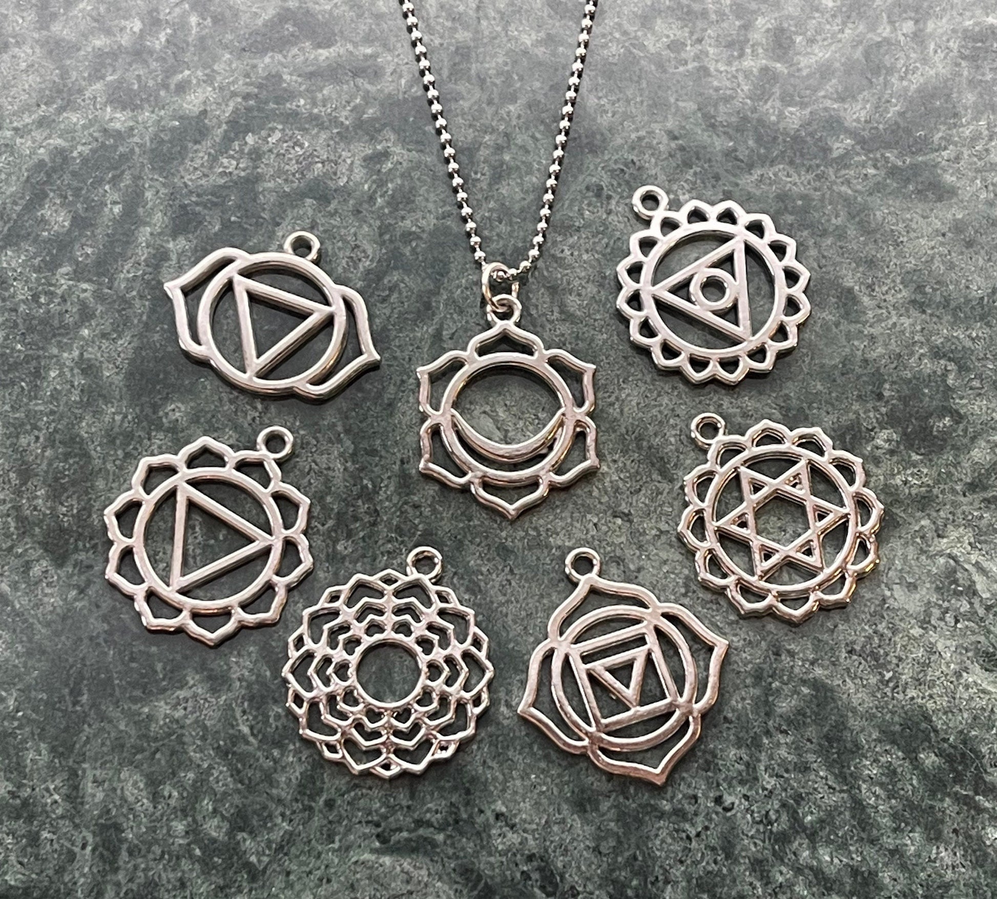 Chakra Charm, Pendant, Set, Ball Chain Necklace – gold-plated, silver-plated – crown, third eye, throat, heart, solar plexus, sacrum, root