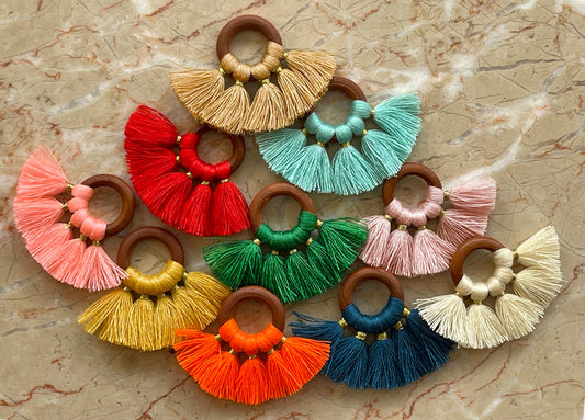 Wood Ring Tassels; with jumpring; earrings- blue, cyan, gold, green, orange, pink, light pink, red, tan, white - cotton blend