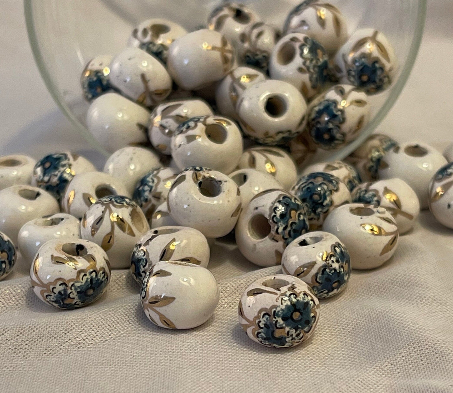 Peony Print Beads, Greek Porcelain - single color set; multicolor set - eight colors: black, blue, brown, green, mauve, red, white