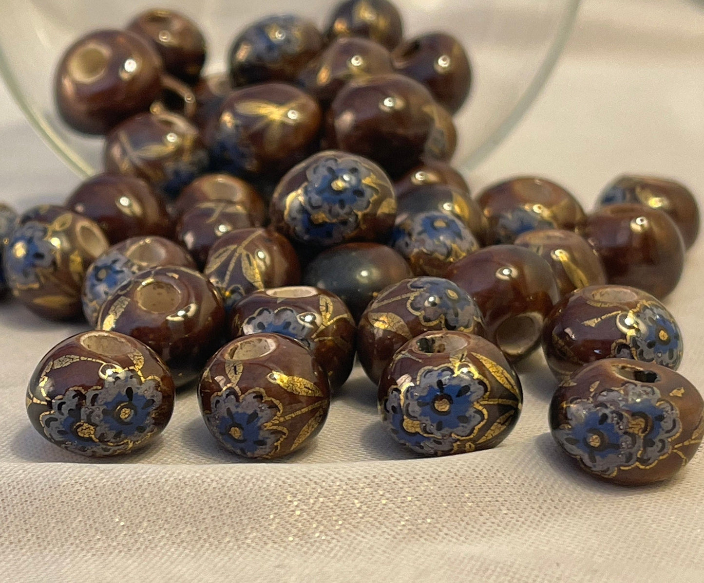 Peony Print Beads, Greek Porcelain - single color set; multicolor set - eight colors: black, blue, brown, green, mauve, red, white