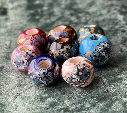 Peony Print Beads, Greek Porcelain - single color set; multicolor set - eight colors: black, blue, brown, green, mauve, red, white