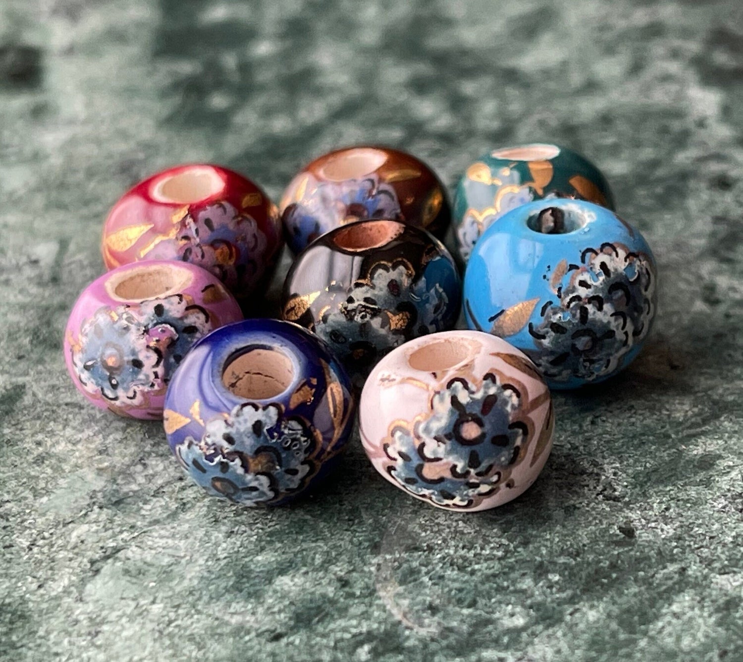 Peony Print Beads, Greek Porcelain - single color set; multicolor set - eight colors: black, blue, brown, green, mauve, red, white
