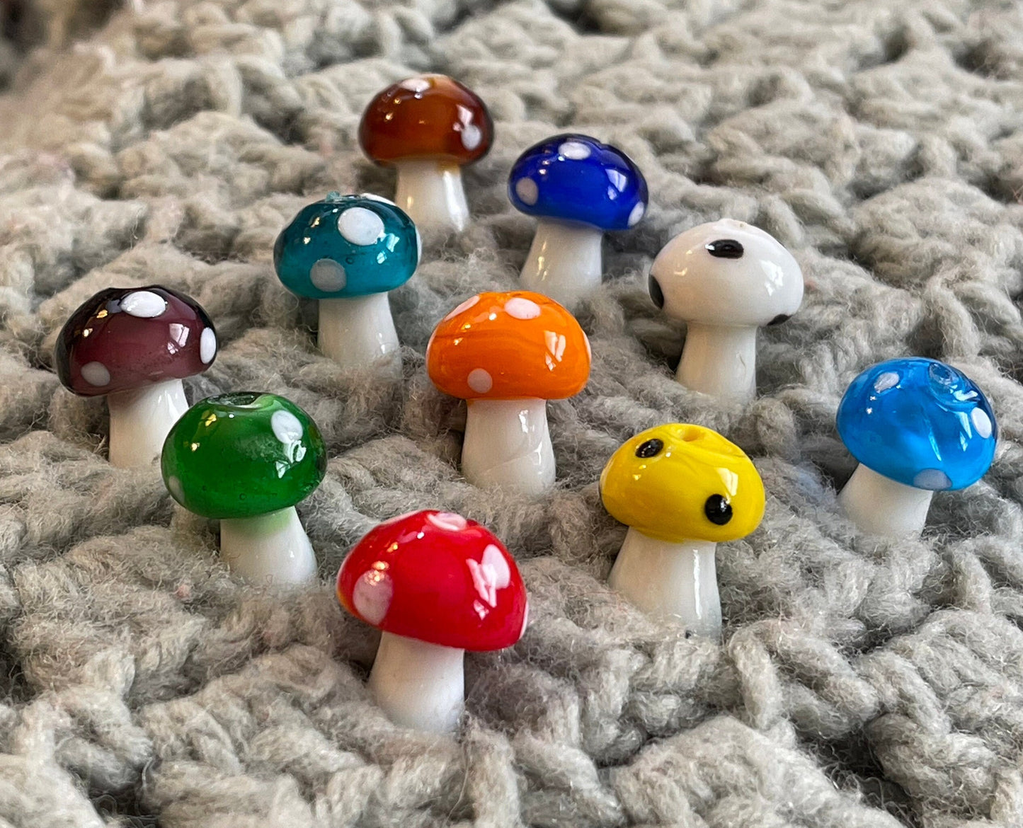 Mushroom Beads - Glass Lampwork - single color lot of 6 or multicolor set -fungi-blue, brown, green, orange, purple, red, white, yellow