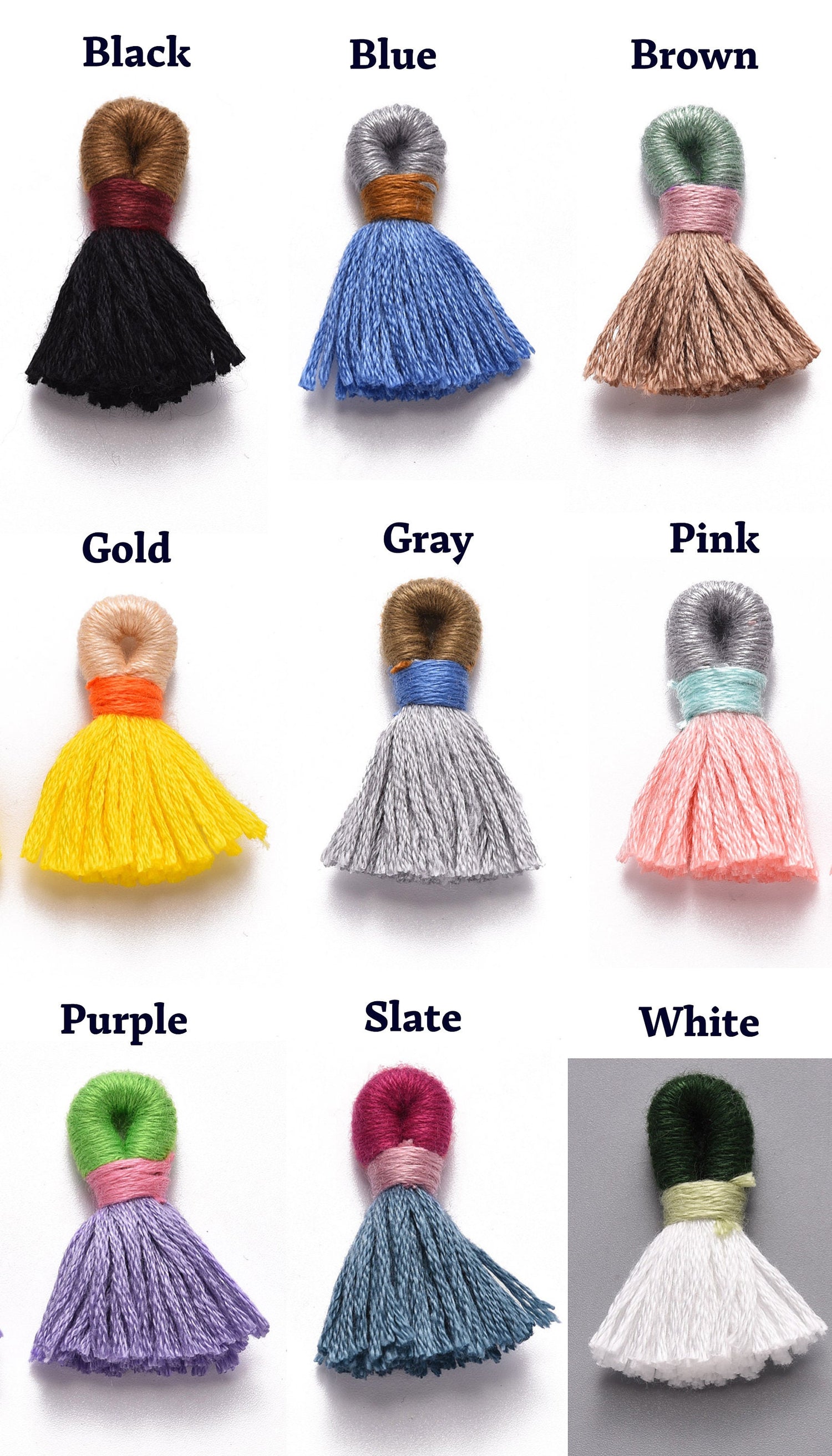 Color Block Cotton Tassels; single color set; multicolor set; add jumpring; earrings-black,blue,brown,gold,gray,pink,purple,slate,white