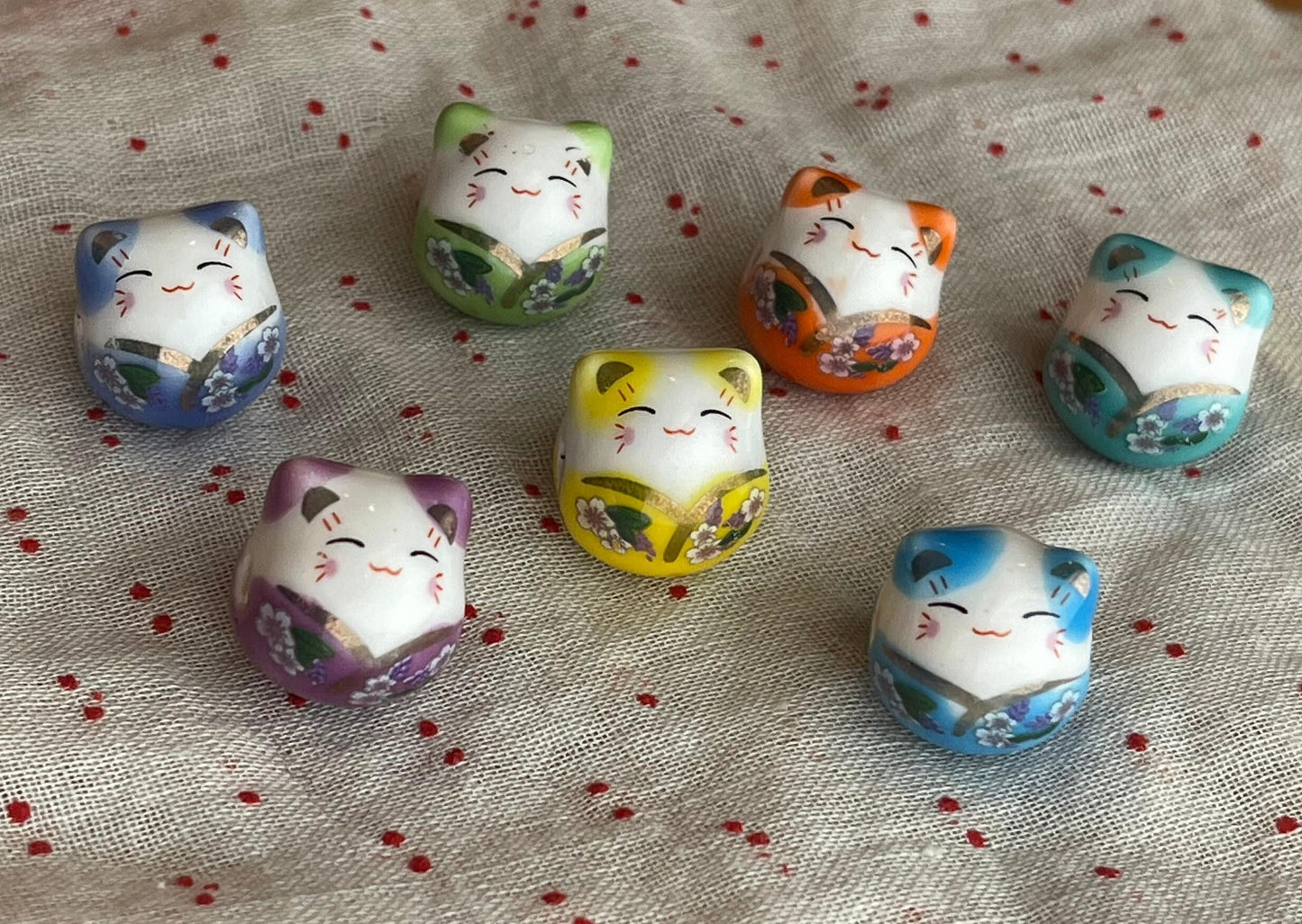Cat With Flower Printed Porcelain Beads - handmade-single color lot of 4 or multicolor set of 7-blue, green, teal, orange, purple, yellow
