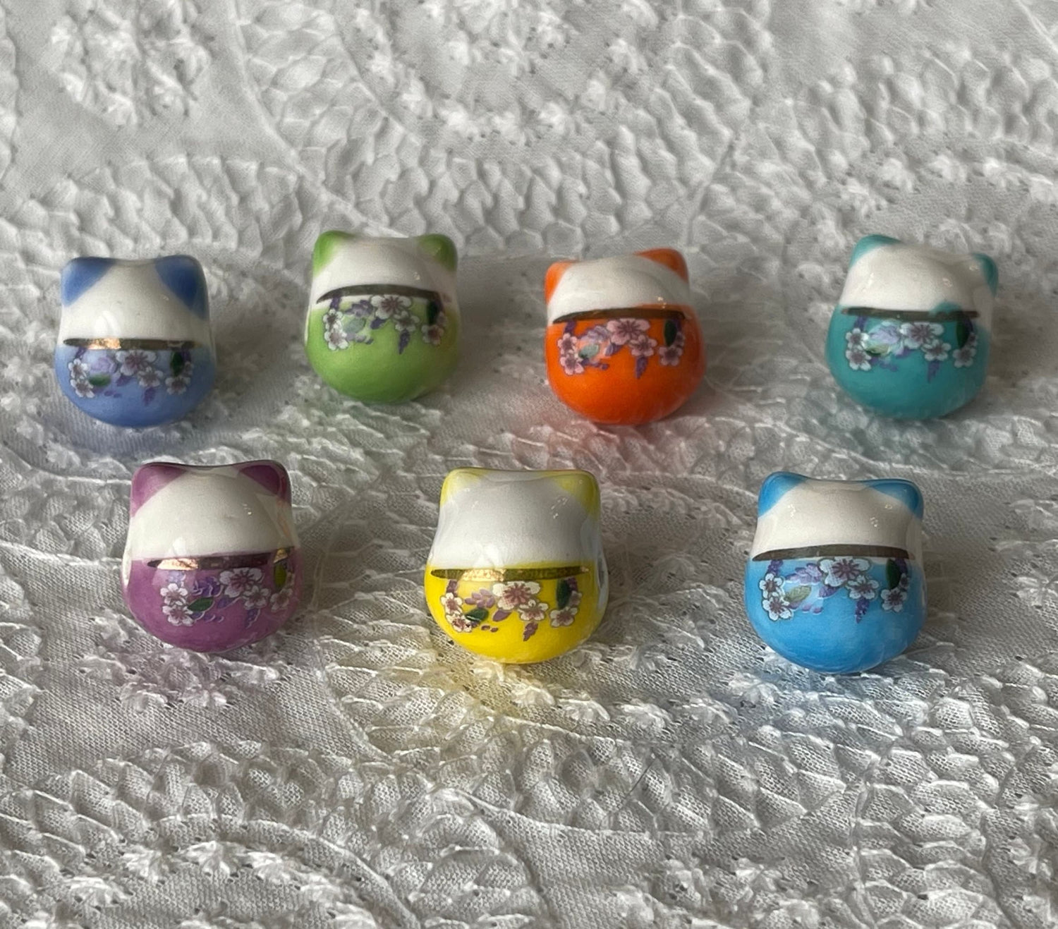 Cat With Flower Printed Porcelain Beads - handmade-single color lot of 4 or multicolor set of 7-blue, green, teal, orange, purple, yellow