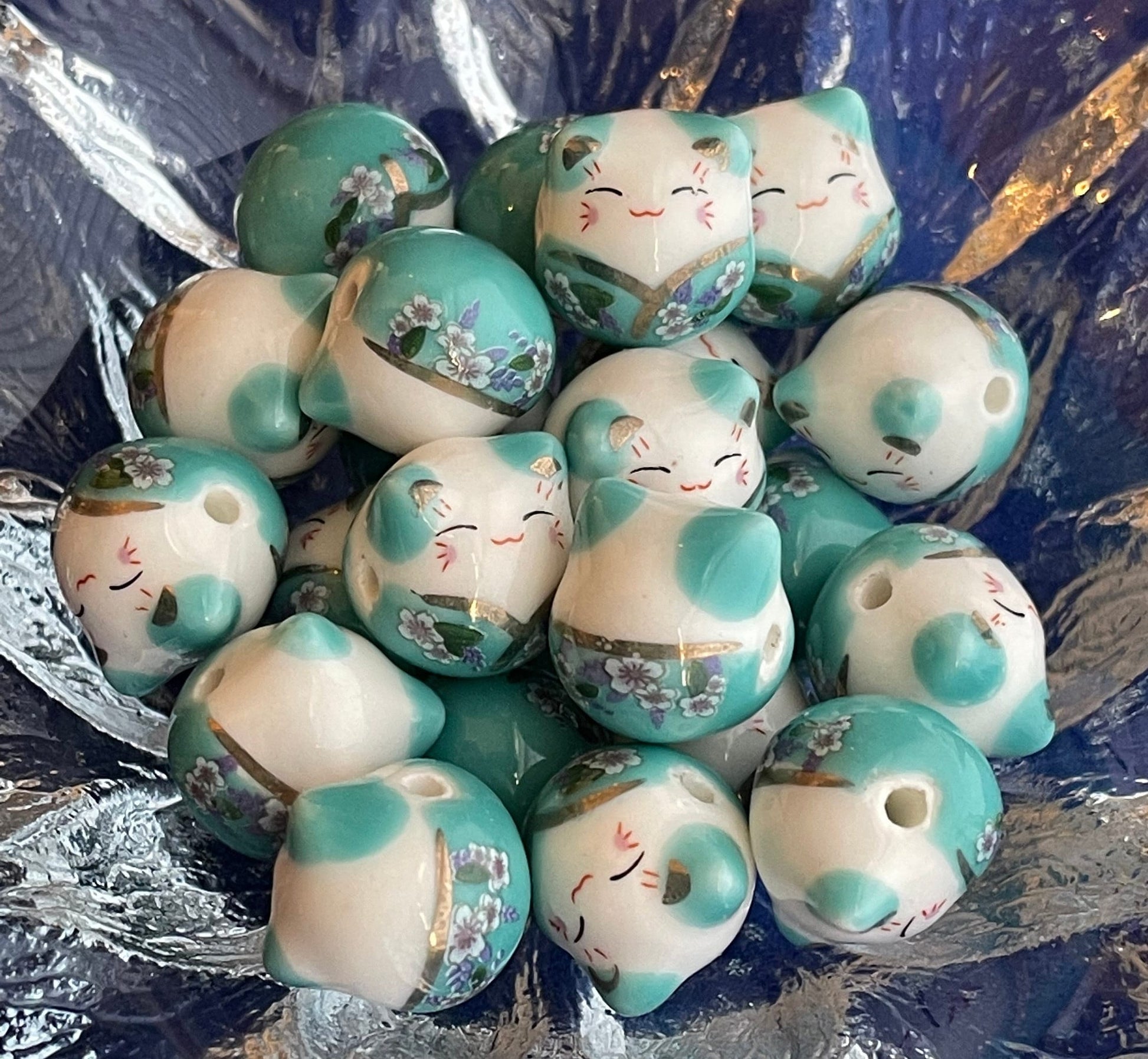 Cat With Flower Printed Porcelain Beads - handmade-single color lot of 4 or multicolor set of 7-blue, green, teal, orange, purple, yellow