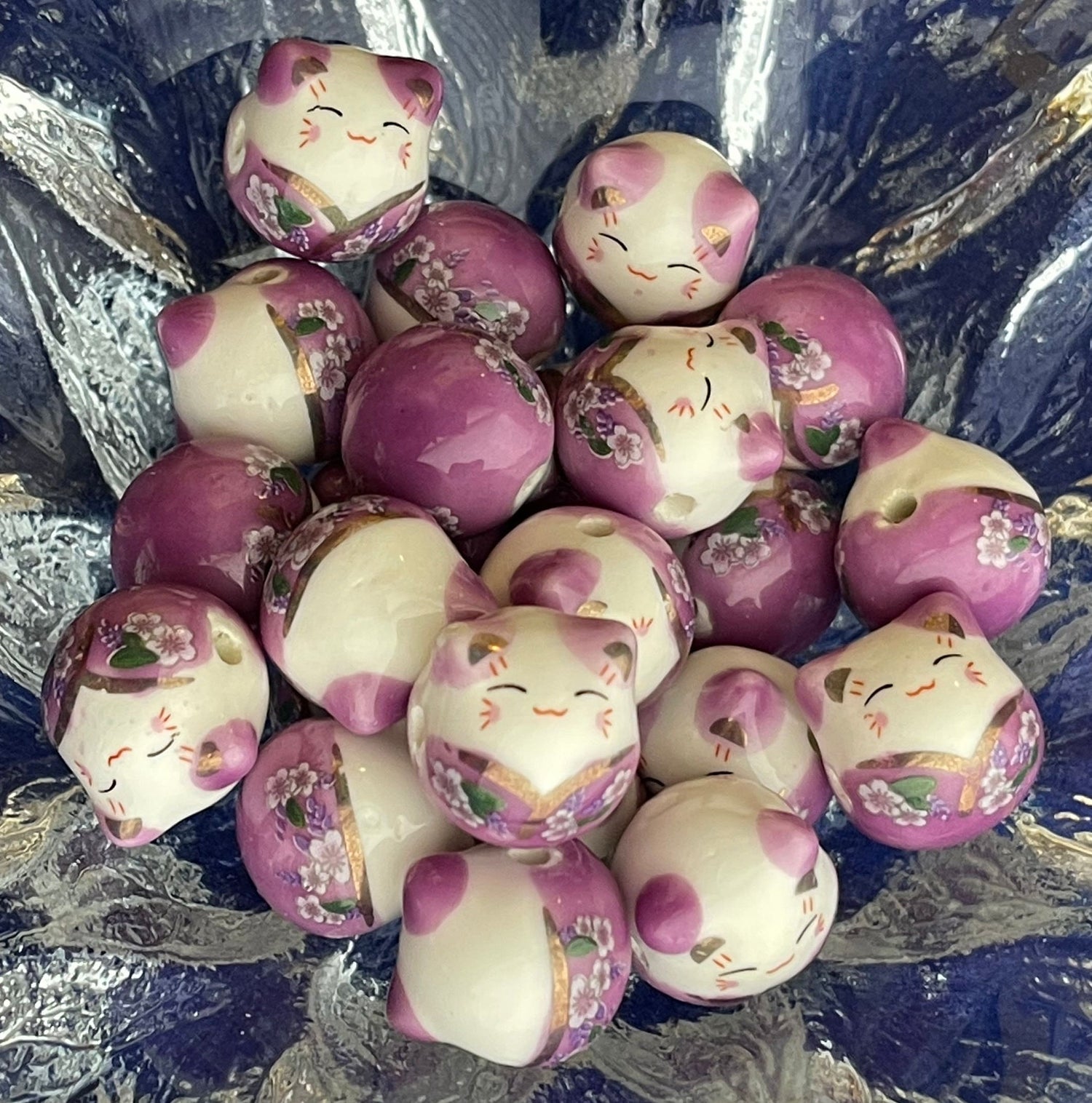 Cat With Flower Printed Porcelain Beads - handmade-single color lot of 4 or multicolor set of 7-blue, green, teal, orange, purple, yellow
