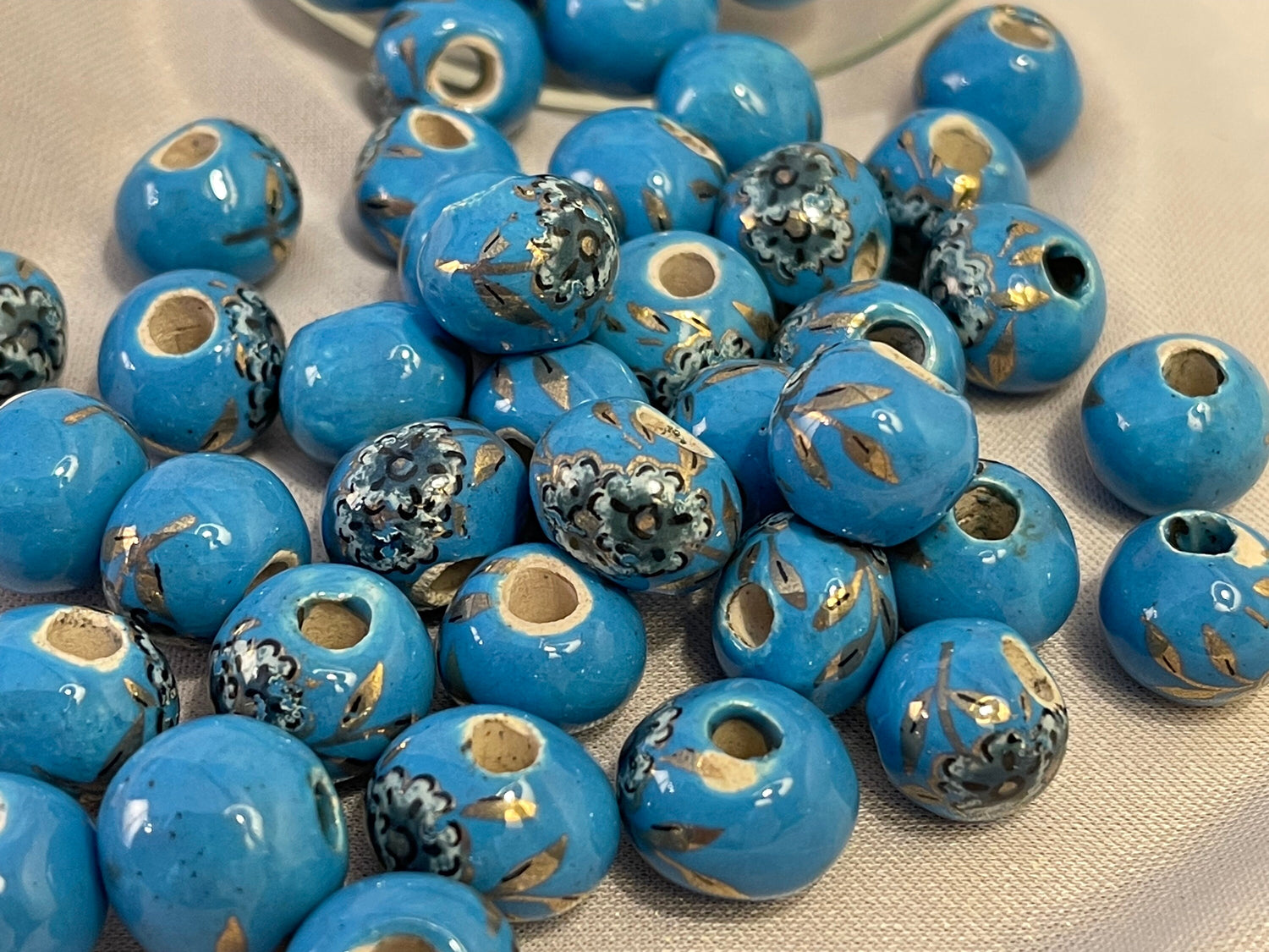 Peony Print Beads, Greek Porcelain - single color set; multicolor set - eight colors: black, blue, brown, green, mauve, red, white