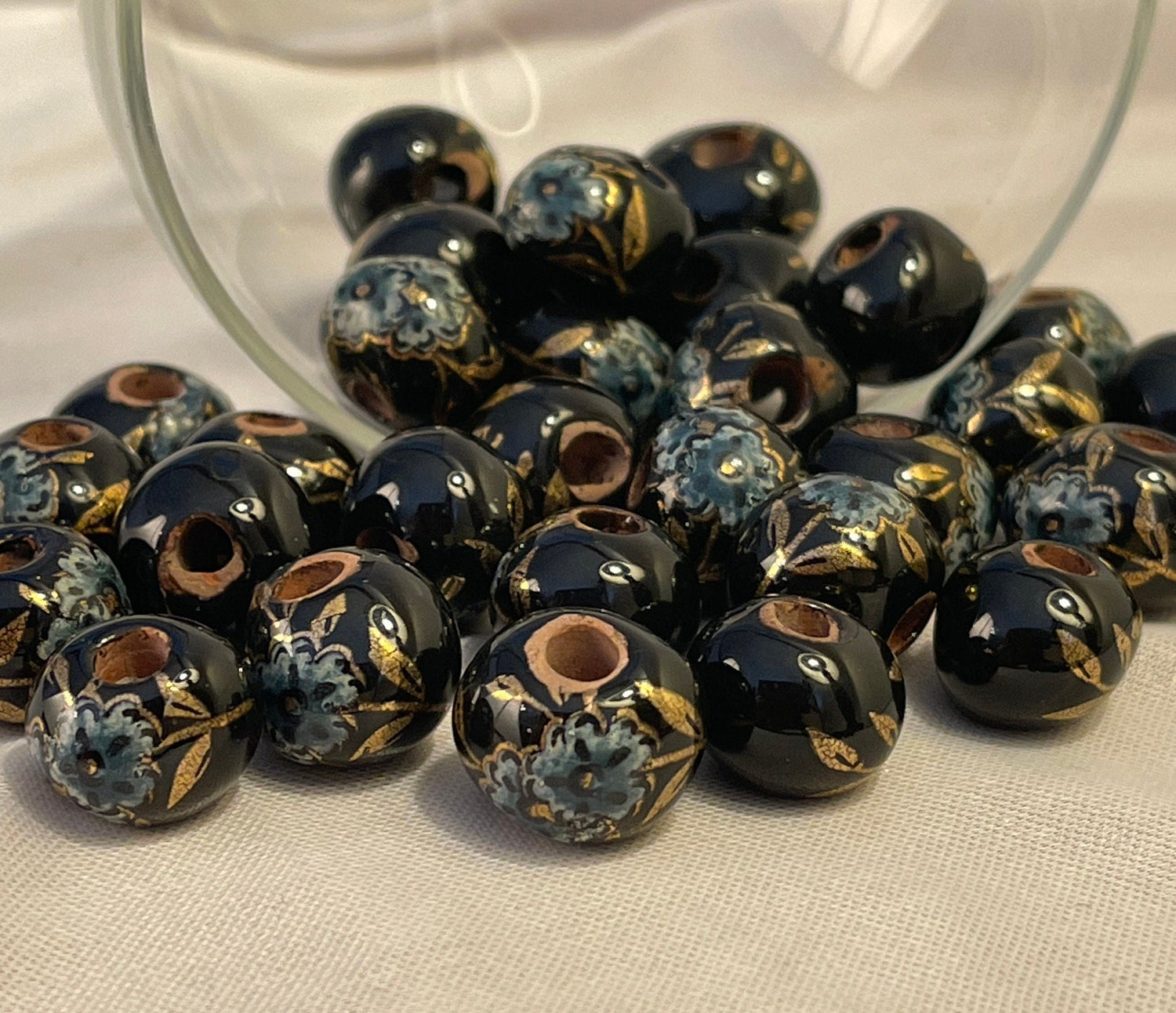 Peony Print Beads, Greek Porcelain - single color set; multicolor set - eight colors: black, blue, brown, green, mauve, red, white