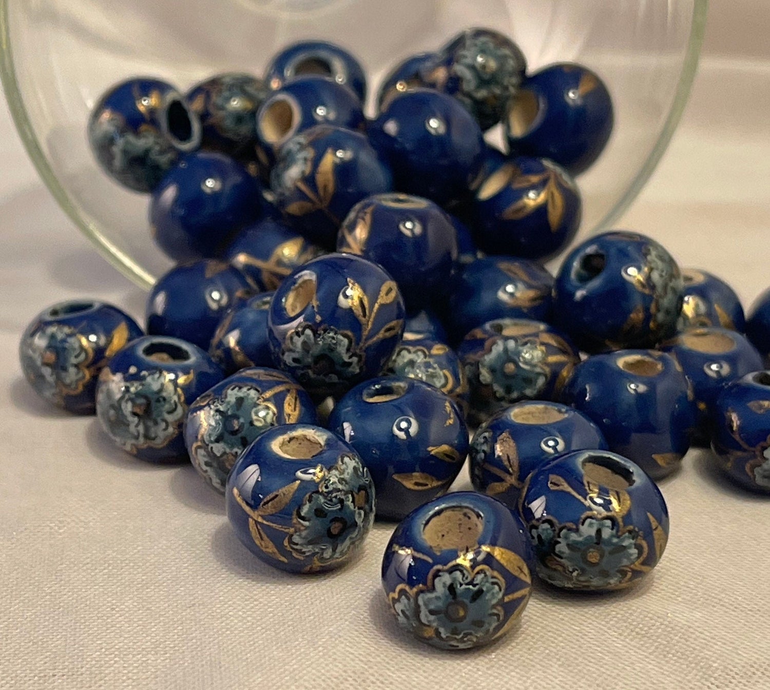Peony Print Beads, Greek Porcelain - single color set; multicolor set - eight colors: black, blue, brown, green, mauve, red, white