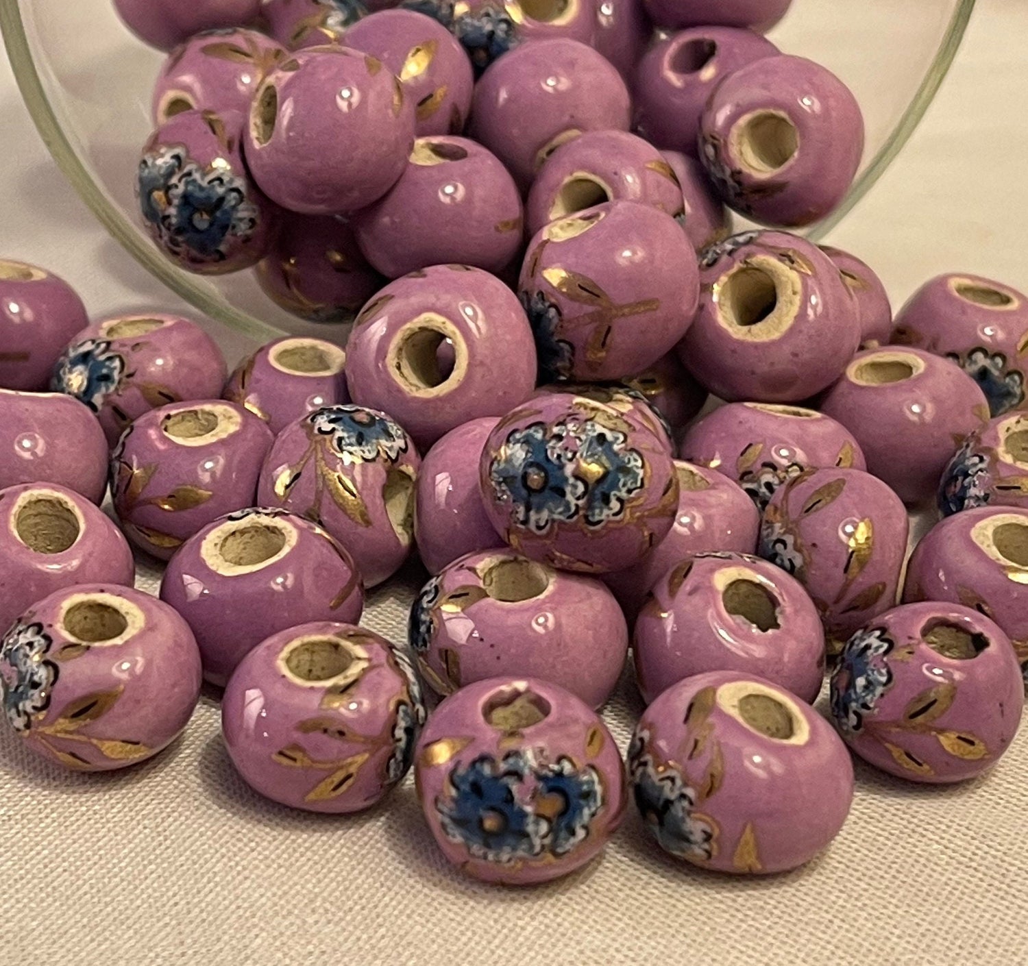 Peony Print Beads, Greek Porcelain - single color set; multicolor set - eight colors: black, blue, brown, green, mauve, red, white