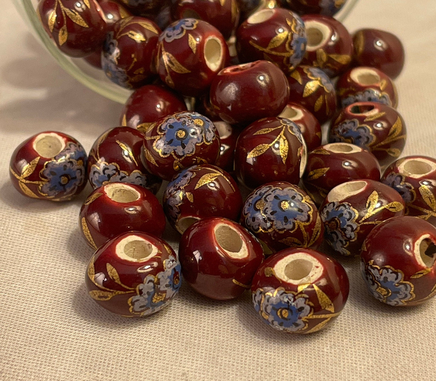 Peony Print Beads, Greek Porcelain - single color set; multicolor set - eight colors: black, blue, brown, green, mauve, red, white