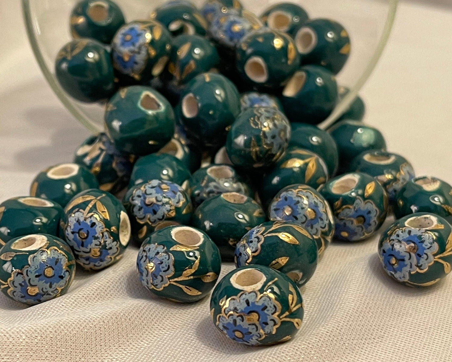 Peony Print Beads, Greek Porcelain - single color set; multicolor set - eight colors: black, blue, brown, green, mauve, red, white