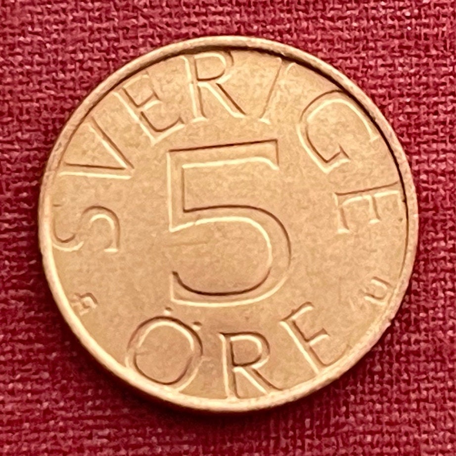 King Carl XVI Gustaf Crown 5 Öre Sweden Authentic Coin Money for Jewelry and Craft Making (Incised) (Number 5)