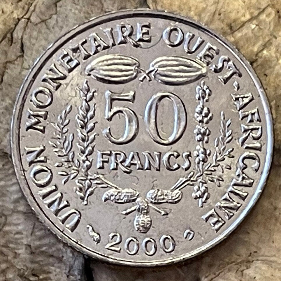 Cocoa Beans, Peanuts & Akan Sawfish Goldweight 50 CFA Francs West African States Authentic Coin Money for Jewelry (Cacao) (Ashanti)
