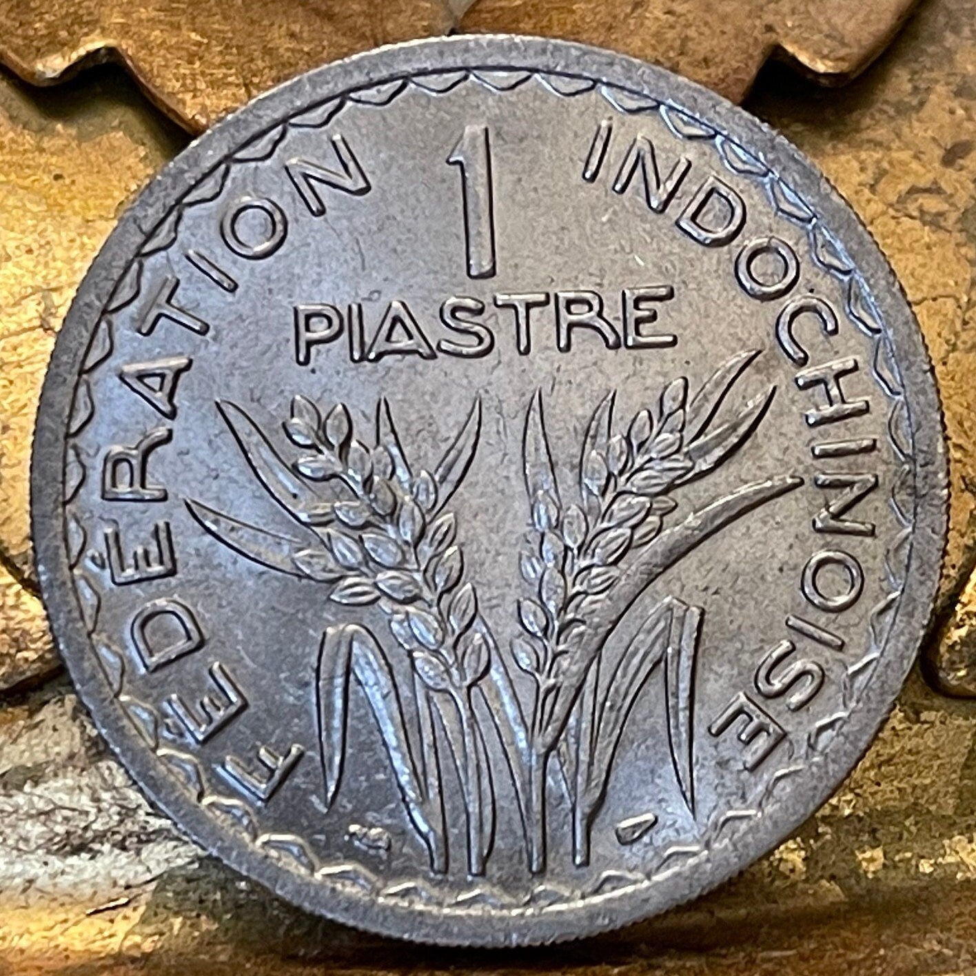 Marianne with Lion's Head Bodice & Rice Stalks French Indochina 1 Piastre Authentic Coin Money for Jewelry (Phrygian Cap) (France) (Vietnam)