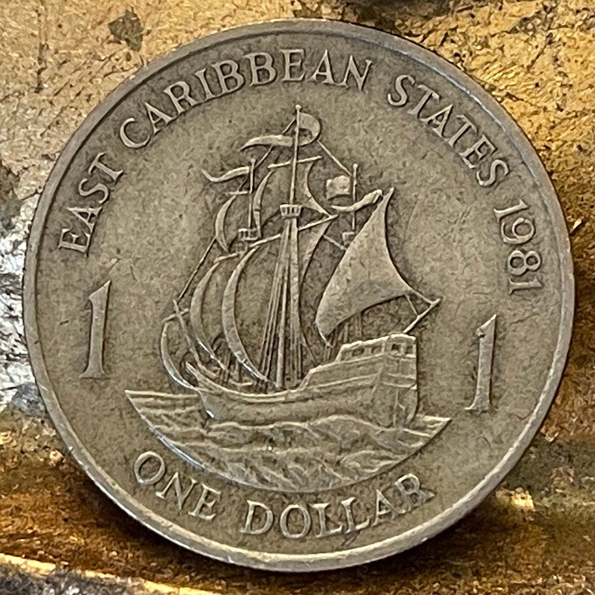 Golden Hind Galleon of Sir Francis Drake 1 Dollar East Caribbean States Authentic Coin Money for Jewelry and Crafts (CONDITION: VERY FINE)