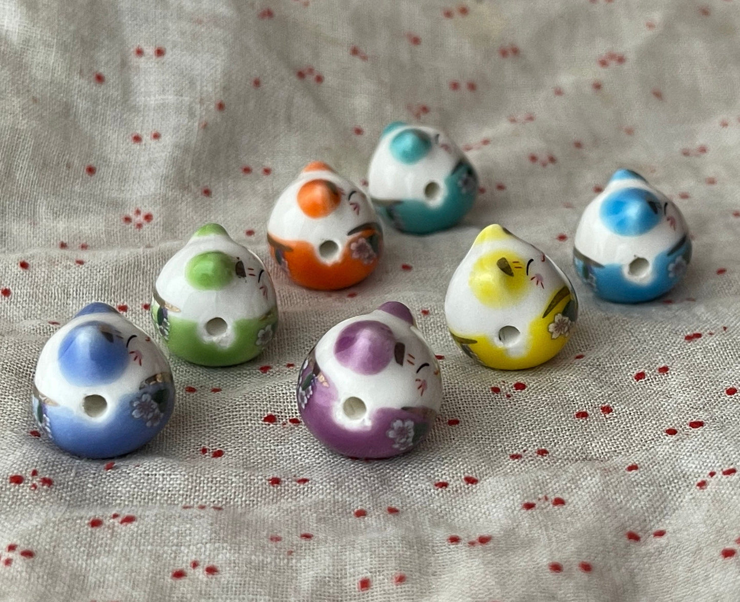Cat With Flower Printed Porcelain Beads - handmade-single color lot of 4 or multicolor set of 7-blue, green, teal, orange, purple, yellow