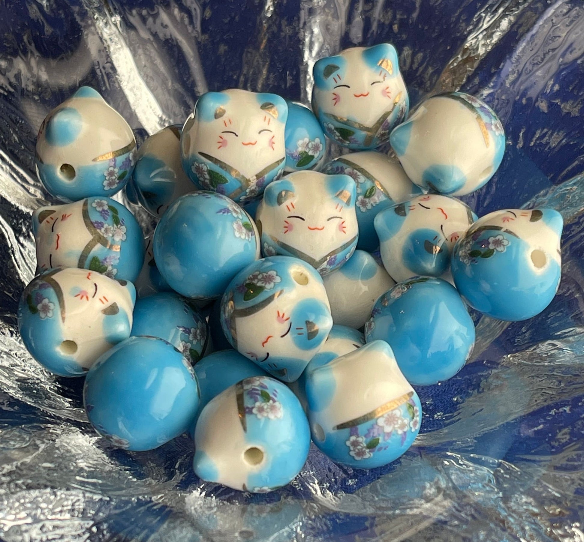 Cat With Flower Printed Porcelain Beads - handmade-single color lot of 4 or multicolor set of 7-blue, green, teal, orange, purple, yellow