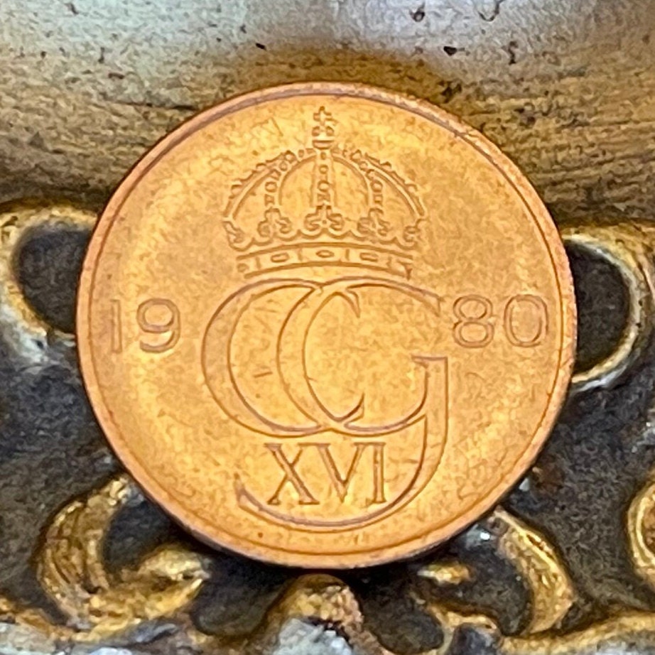 King Carl XVI Gustaf Crown 5 Öre Sweden Authentic Coin Money for Jewelry and Craft Making (Incised) (Number 5)