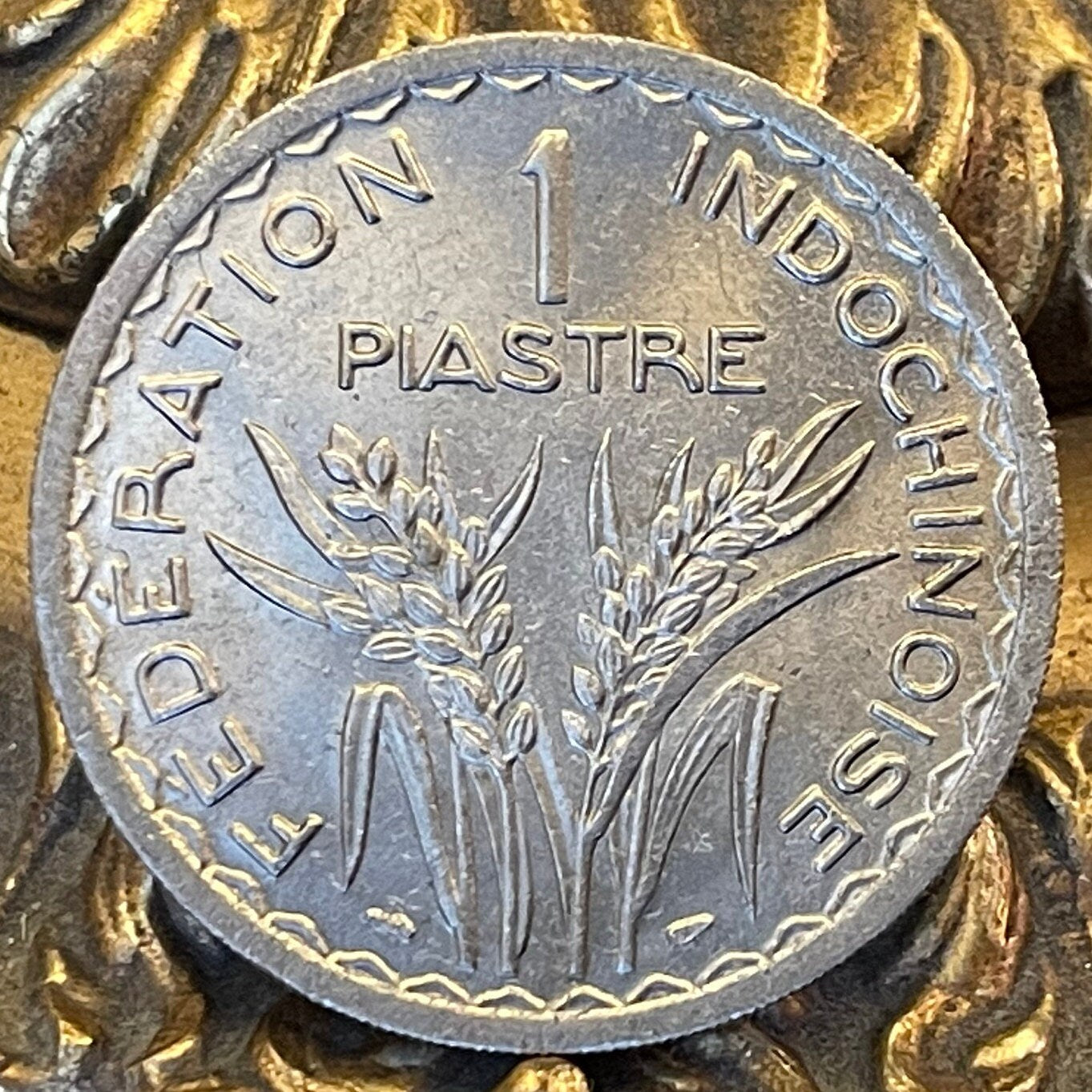 Marianne with Lion's Head Bodice & Rice Stalks French Indochina 1 Piastre Authentic Coin Money for Jewelry (Phrygian Cap) (France) (Vietnam)